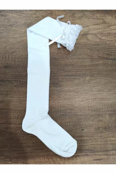 Calze lunghe da donna con fiocco e pizzo sopra il ginocchio, in cotone jersey