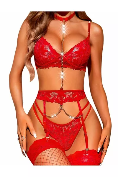 Women's Red Fantasy Nightgown with Garter, Fishnet Stockings, Lace-Up, Stretchy Luxury Sexy Lingerie Set