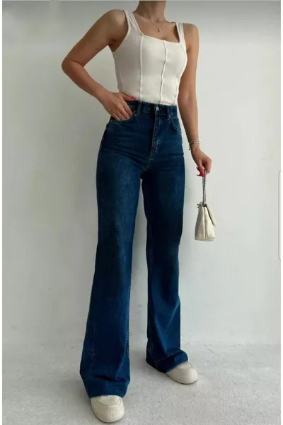 Jeans Palazzo Larga Blu Scuro Liva con Lycra da Donna a Vita Alta