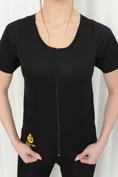 طقم حراري نسائي يتكون من أعلى حراري يسبب التعرق بشكل كبير وسروال حراري، مع سروال حراري بسحاب وأكمام قصيرة