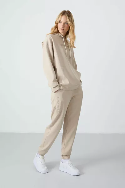 Beige Hooded Kangaroo Pocket Oversized Sweatpants with Elastic Cuffs Women's Tracksuit - 