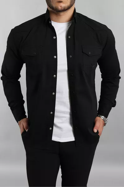 Slim Fit Erkek Kot Gömlek Siyah