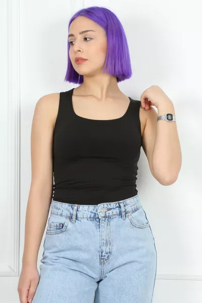 Women's Thick-Strap Stretch Basic Square Neck Sleeveless Top/Black/L