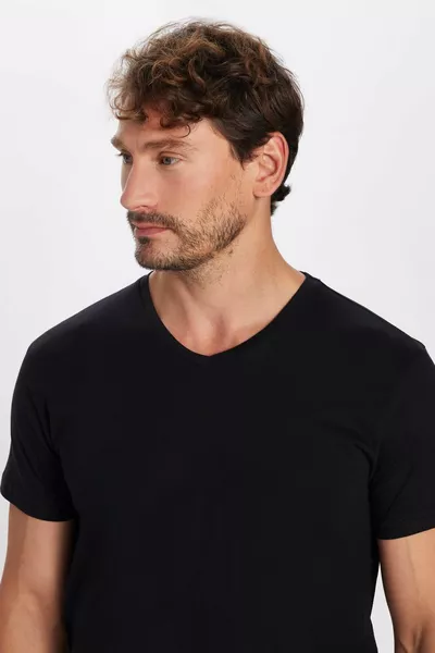 Erkek Slim Fit Dar Kesim % Pamuk Yumuşak Dokulu Siyah V Yaka Tişört