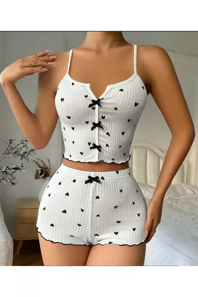 Set Pigiama Donna Bella con Top Bianco a Spalline e Pantaloncini a Fantasia