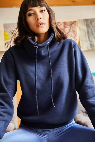 Women's Navy Blue Long Neck Soft Textured Thick Sweatshirt 