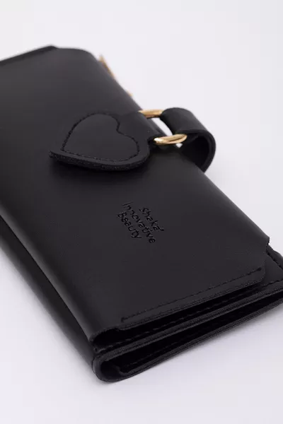 Black  Soft Faux Leather Heart Snap Wallet with Phone, Coin, and Bill Compartments and Card Slots