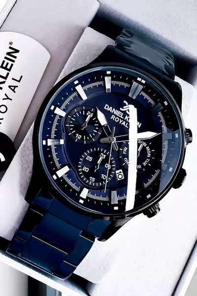 ساعة يد رجالية أصلية من رويال مقاومة للماء حتى 3 ضغط جوي بسوار فولاذي أزرق مع هدية