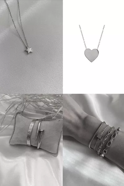 Silberfarbener Kombinations-Halskette Herzanhänger Sternanhänger Manschetten- und Nagelarmband mit Ohrringen - 