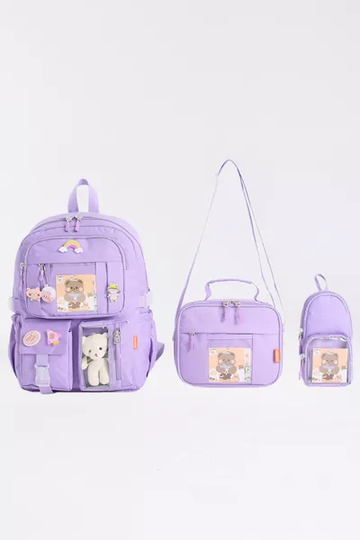 Koreanischer Stil Zubehör 3-teiliges Set Mädchen Schulranzen mit Federmäppchen und Brotdose Rucksack