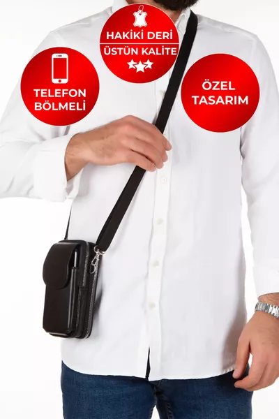 حقيبة كتف ورقبة مصنوعة من الجلد الطبيعي مع مكان للهاتف وحامل بطاقات
