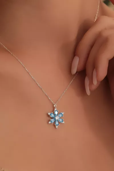 Silver Chain Aquamarine Stone Lotus Camellia Flower of Life Necklace