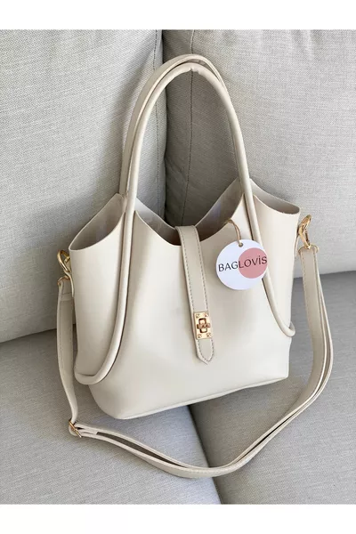 Cream Women's Shoulder Bag with Extra Pouch and Front Lock Detail