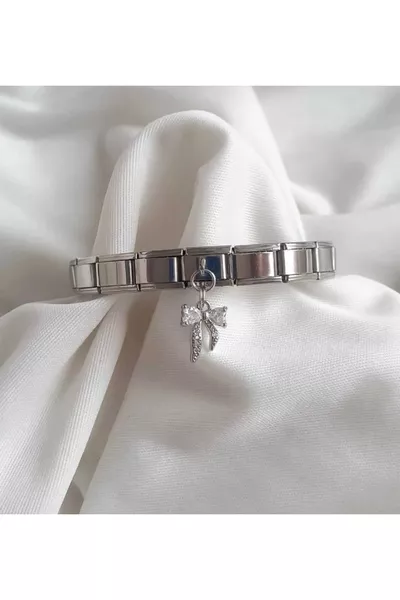 Браслет с итальянским шармом с лентой и стальными камнями,  см