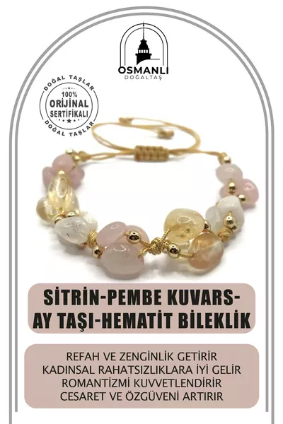 Zertifiziertes Echtes Citrin-Rosenquarz-Mondstein-Hämatit Naturstein Perlen Armband mit Knotenverschluss