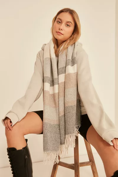  Soft-Textured Mixed Striped Ecru-Anthracite Thick Shoulder Shawl Scarf