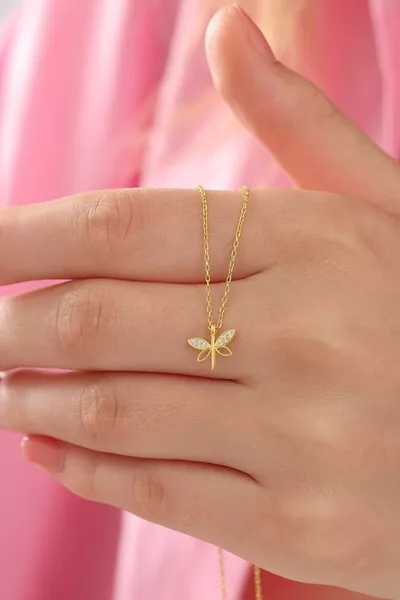 Women's  Sterling Silver Chain Gold Plated Minimal Dragonfly Necklace