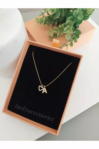 Колие със стоманена буква и камък във формата на сърце, водоустойчиво, с подаръчна кутия, минималистично, персонализирано с буквата A