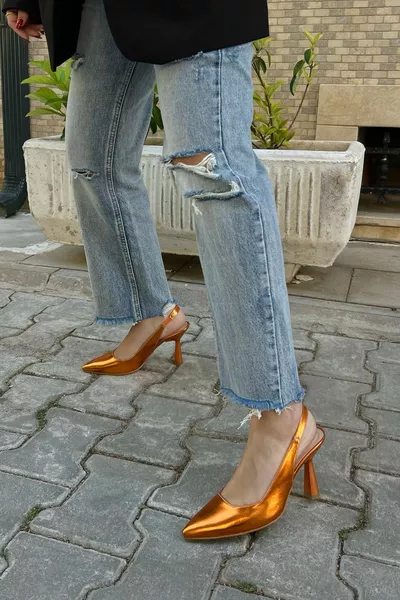 شرارة الجلد المعدني البرتقالي وأشار اصبع القدم الظهر فتح الخنجر عارضة أنيقة مساء اللباس الكعب أحذية النساء