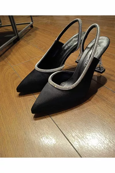 المرأة حجر الكعب الشفاف عارضة وسهرة اللباس أحذية الساتان الأسود