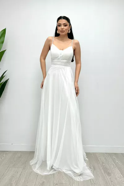 Тюль Ткань Ремешок Пайетки Макси Платье - БЕЛЫЙ