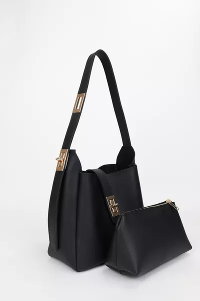 حقيبة يد وكتف نسائية بحمالة قابلة للتعديل، بمشبك ذهبي أسود وتفاصيل إكسسوار