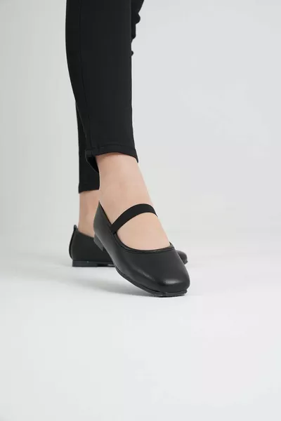Ballerines quotidiennes en cuir noir avec élastique pour femme 