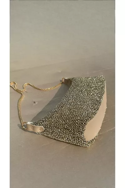 حقيبة يد وكتف نسائية متلألئة بشبكة وحلقات سلسلة