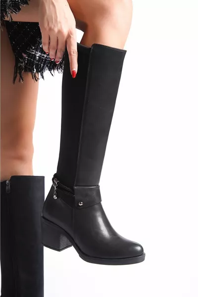 حذاء طويل بشبكة خلفية مرنة من الجلد الأسود، بكعب متوسط إلى عالي، بسمة توكًا، وسحّاب، سميك