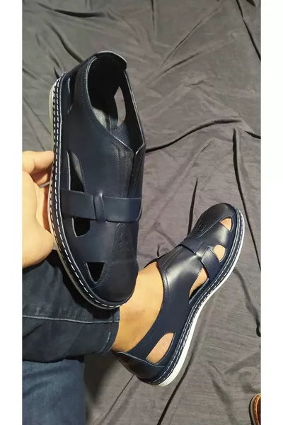 صندل رجالي صيفي كحلي من الجلد الطبيعي للداخل والخارج
