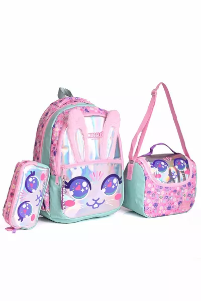 Girls' 3-Piece School Set – Backpack, Lunch Bag, Pencil Case – Cute Bunny Pattern
