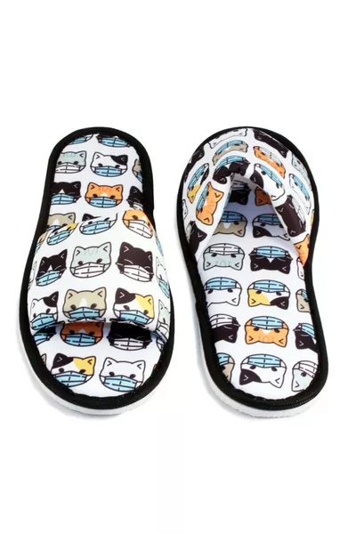 Домашни пантофи с отвор отпред, с меко ходило, с бял котешки дизайн с маска, унисекс