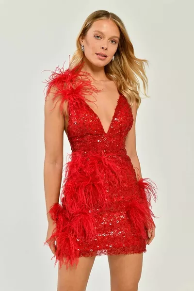 Damen V-Ausschnitt Tief ausgeschnittener Rücken Seilriemen Gefiederter Paillettenstoff Kurzes rotes Abendkleid & Abschlusskleid