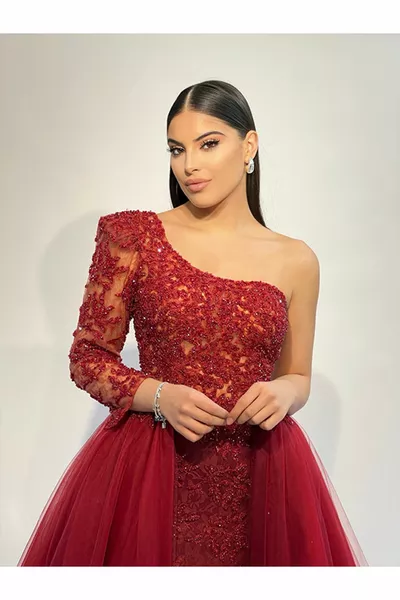 Bourgondische enkele mouw gedemonteerde rok geborduurd Henna Exit jurk