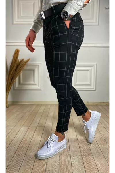 Heren Zwarte Italiaanse Snit Geruite Stoffen Broek
