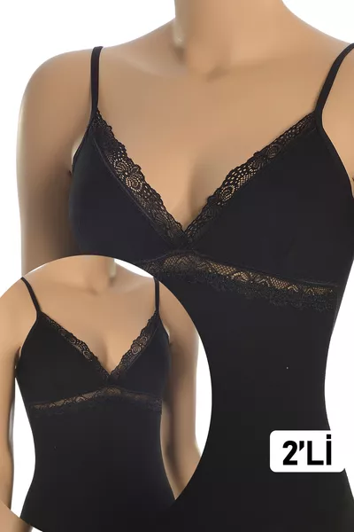 قميص داخلي نسائي قطني مزدوج بحمالات رفيعة وتفاصيل دانتيل وياقة على شكل V باللون الأسود