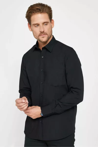 قميص رجالي أسود بسيط من القطن، بقصة كلاسيكية، قياس عادي، سهل الكي