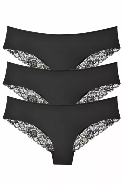 مجموعة من 3 سراويل داخلية نسائية سوداء بقطع بالليزر ودانتيل - 