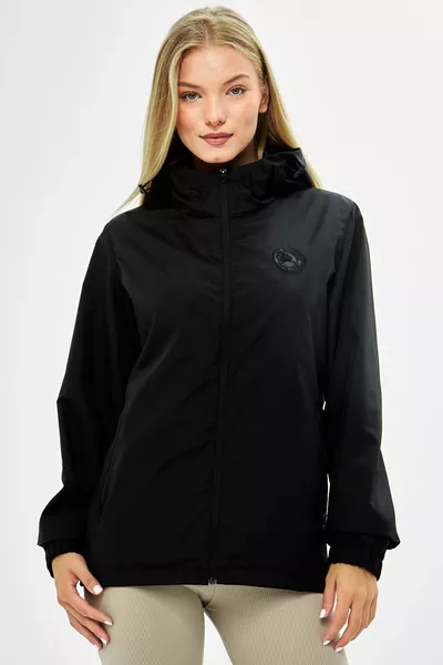 Women's Black Lined Waterproof Hooded Jacket with Pockets - Windbreaker