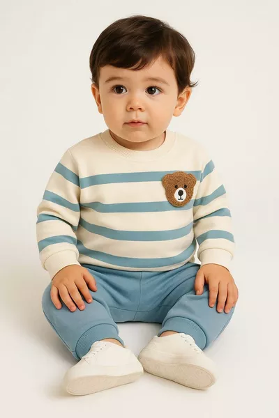 طقم بيبي بكبسة من الكتف ودببة مخططة، قطعتان (علوي وسفلي)، مناسب لجميع فصول السنة، للأعمار  شهر