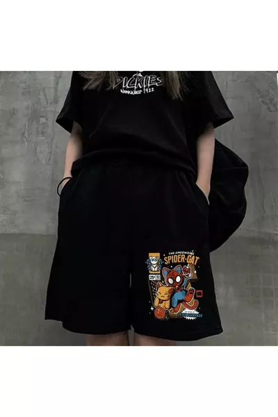 شورت قطن أسود للجنسين مطبوع عليه سبايدر-كات