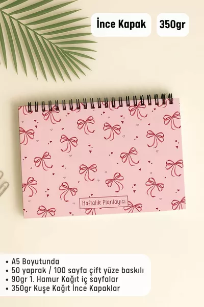 Седмичен планер  тетрадка, с гъвкава корица от тънък картон, годишен планер, розова панделка