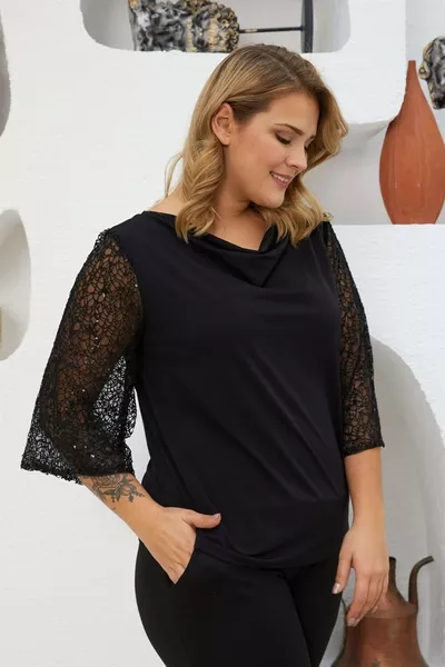 Plus Size Low Neck Sequined Long Sleeve Evening Blouse - Black