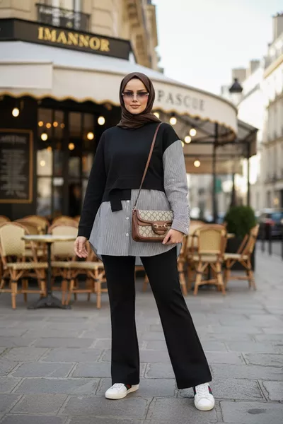 طقم نسائي محتشم لاوريس قميص طقم مزدوج أسود