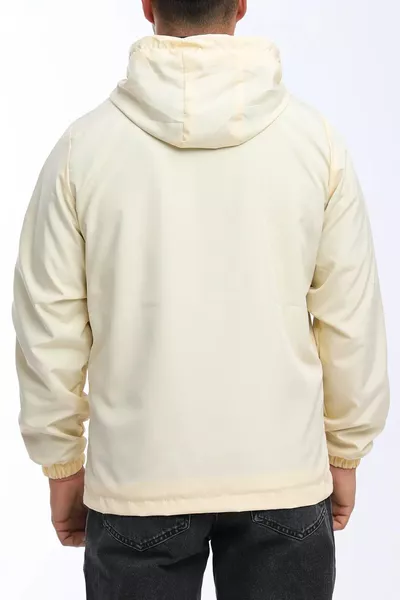 معطف رجالي مقاوم للمطر بلون البيج مع بطانة، مزود بغطاء للرأس وجيوب - سترة واقية من الرياح