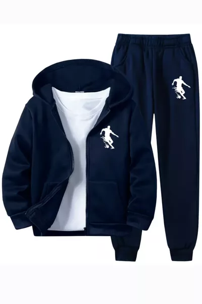 Boys' Football Character Printed Zipped Sweatshirt and Pants Set