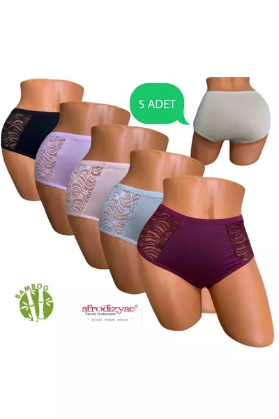 خمسة قطع سراويل داخلية عالية الخصر بتفاصيل دانتيل من الخيزران (ناعمة ومرنة جدًا)