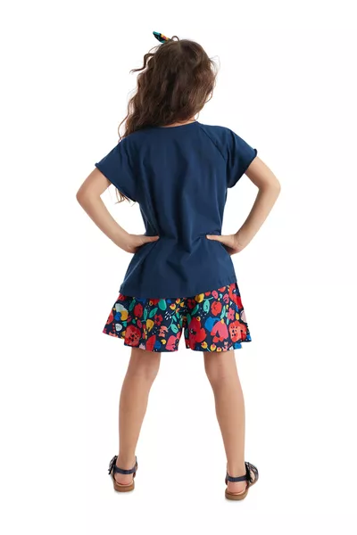 Blumiges Katzenmädchen Kinder Marineblaues Sommer-T-Shirt Poplin-Shorts-Set