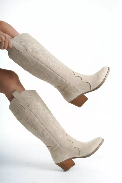 Beige suède dames westers geborduurde puntige neus casual laarzen 