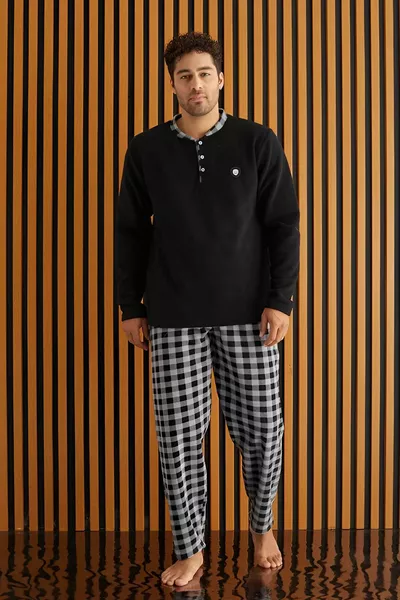 Black Gray Plaid Patterned Fleece Men's Pajama Set